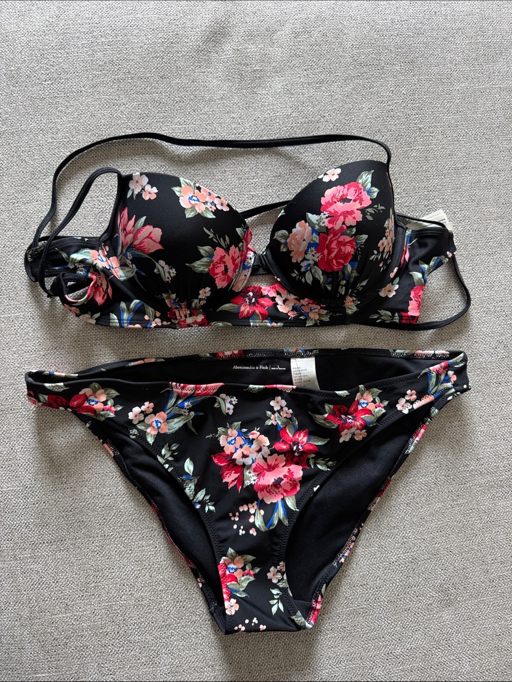 Abercrombie & Fitch Black Floral Bikini Set with Pink & Red Blooms